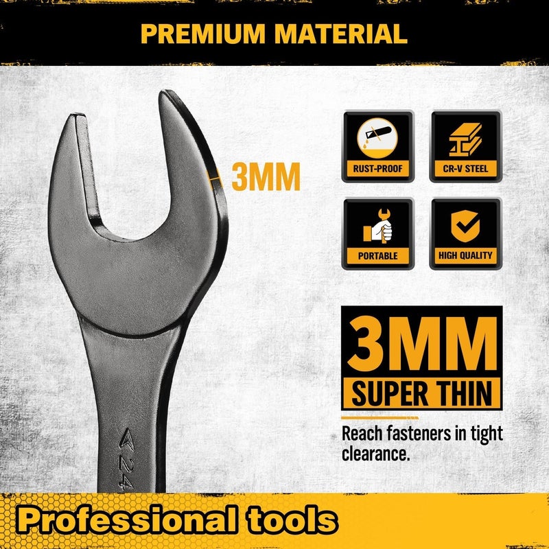 ELEAD Super-Thin Open End Wrench Set | 19-Piece SAE & Metric Sizes | CR-V Nickel Plated | Ultra-Slim Design | Corrosion-Resistant | Durable Roll-Up Pouch for Mechanics - Image 2